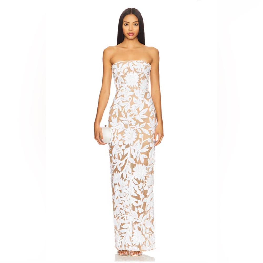 NEW Bronx and Banco Dahlia Maxi Dress in White Silver Floral Strapless Dress
